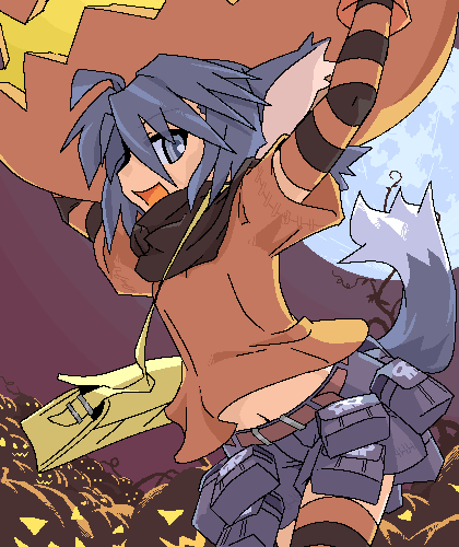 animal_ears jack-o&#039;-lantern lowres mof oekaki pumpkin solo striped_legwear summon_night tail yuel_(summon_night)