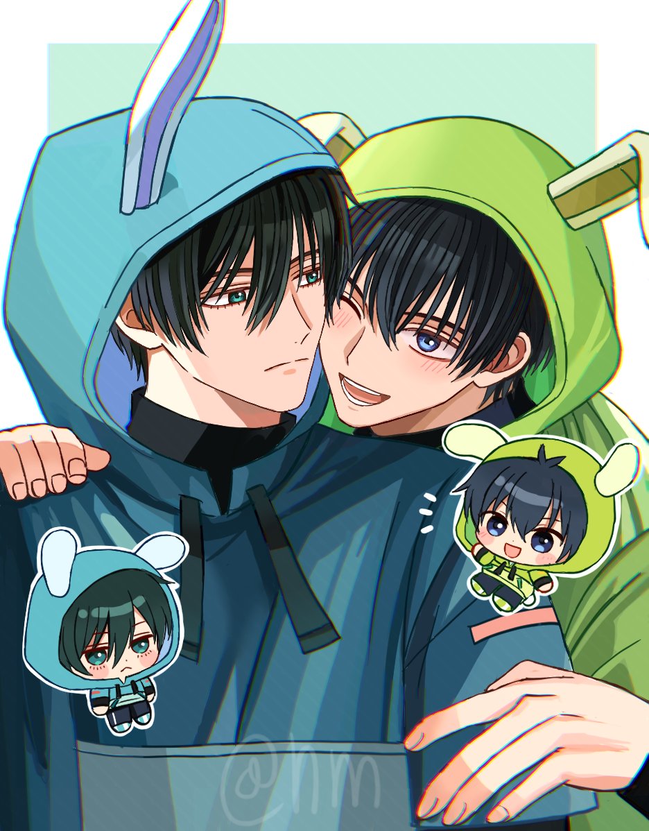 2boys animal_hood aqua_eyes aqua_hoodie black_hair blue_eyes blue_lock blush chibi green_hoodie hair_between_eyes hood hood_up hoodie hyohls2_(hamao3o) isagi_yoichi itoshi_rin long_sleeves male_focus multiple_boys one_eye_closed open_mouth rabbit_hood short_hair yaoi