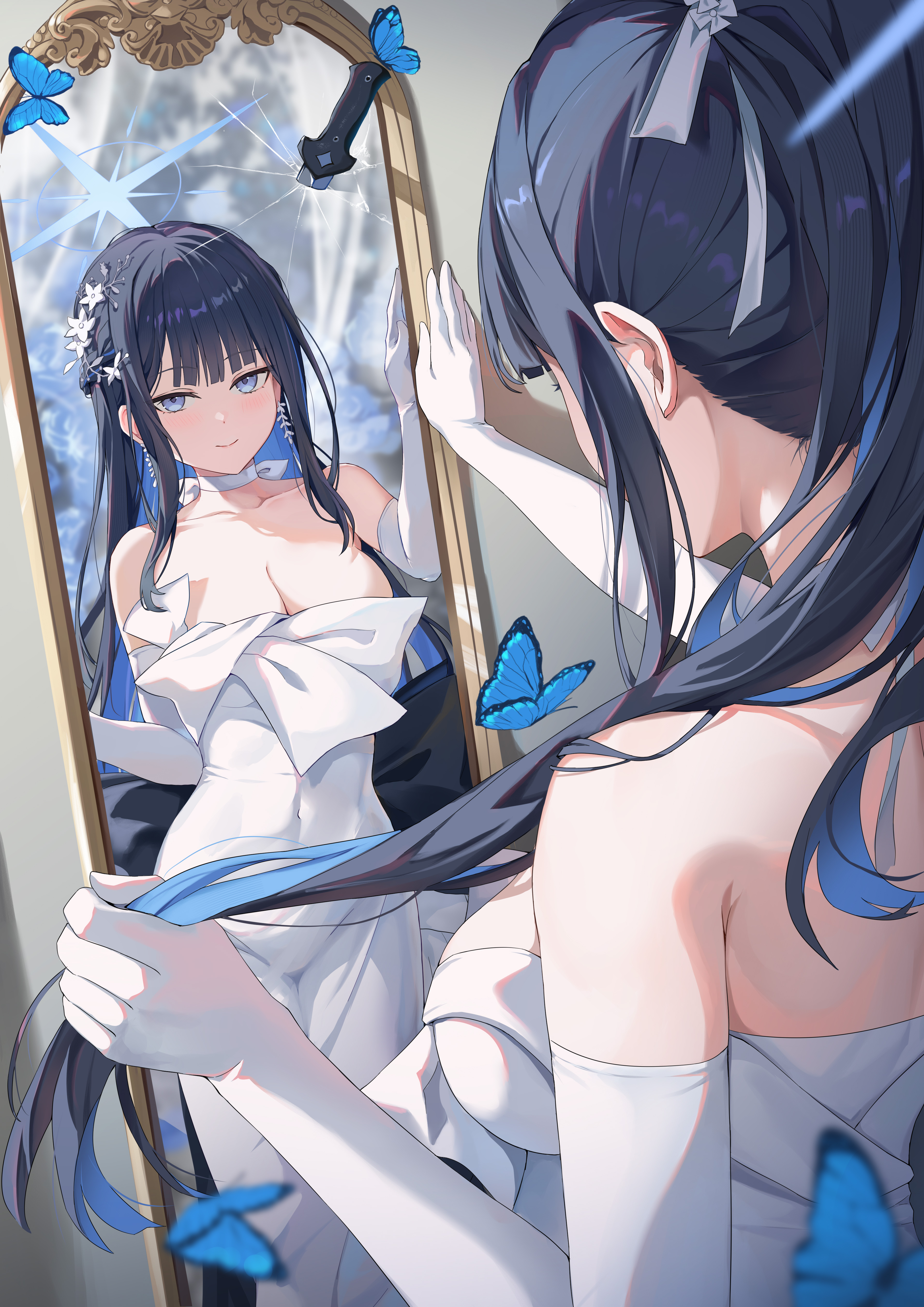 1girl absurdres bare_shoulders blue_archive blue_eyes blue_hair blue_halo breasts bug butterfly choker cleavage closed_mouth covered_navel dress earrings elbow_gloves gloves hair_ornament halo highres hokori_sakuni insect jewelry knife large_breasts long_hair mirror official_alternate_costume saori_(blue_archive) saori_(dress)_(blue_archive) smile solo white_choker white_dress white_gloves