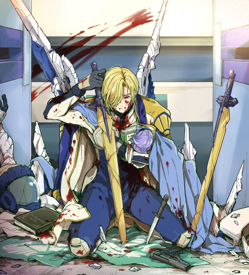 1boy almiria_bauduin armor blonde_hair blood blood_from_mouth blood_on_face blood_on_wall blood_on_clothes bodysuit book cape character_doll closed_mouth gun gundam gundam_bael gundam_tekketsu_no_orphans helmet holding knee_pads knife kono_sanorou looking_down male_focus mcgillis_fareed spoilers weapon