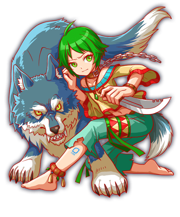 1girl 1other ahoge amala_(crash_fever) amala_(person) amulet anime_coloring anklet artist_request bare_shoulders barefoot belt belt_buckle belt_collar blue_fur blue_tail brown_belt brown_bracelet brown_claws brown_nails buckle chain closed_mouth collar collarbone crash_fever cropped_shirt fangs fingernails full_body furrowed_brow game_cg gem green_eyes green_gemstone green_hair green_pants grey_hair hair_flaps holding holding_knife holding_weapon jewelry kneeling knife leg_tattoo legs_apart looking_at_viewer looking_to_the_side machete midriff_peek navel necklace number_tattoo numbered off-shoulder_shirt off_shoulder official_art outline pants red_outline red_trim sharp_teeth shirt short_hair three-quarter_sleeves square square_tattoo tachi-e tassel tattoo teeth third-party_source toenails torn_clothes torn_pants transparent_background two-tone_fur two-tone_tail weapon white_fur wide_sleeves wolf yellow_sleeves