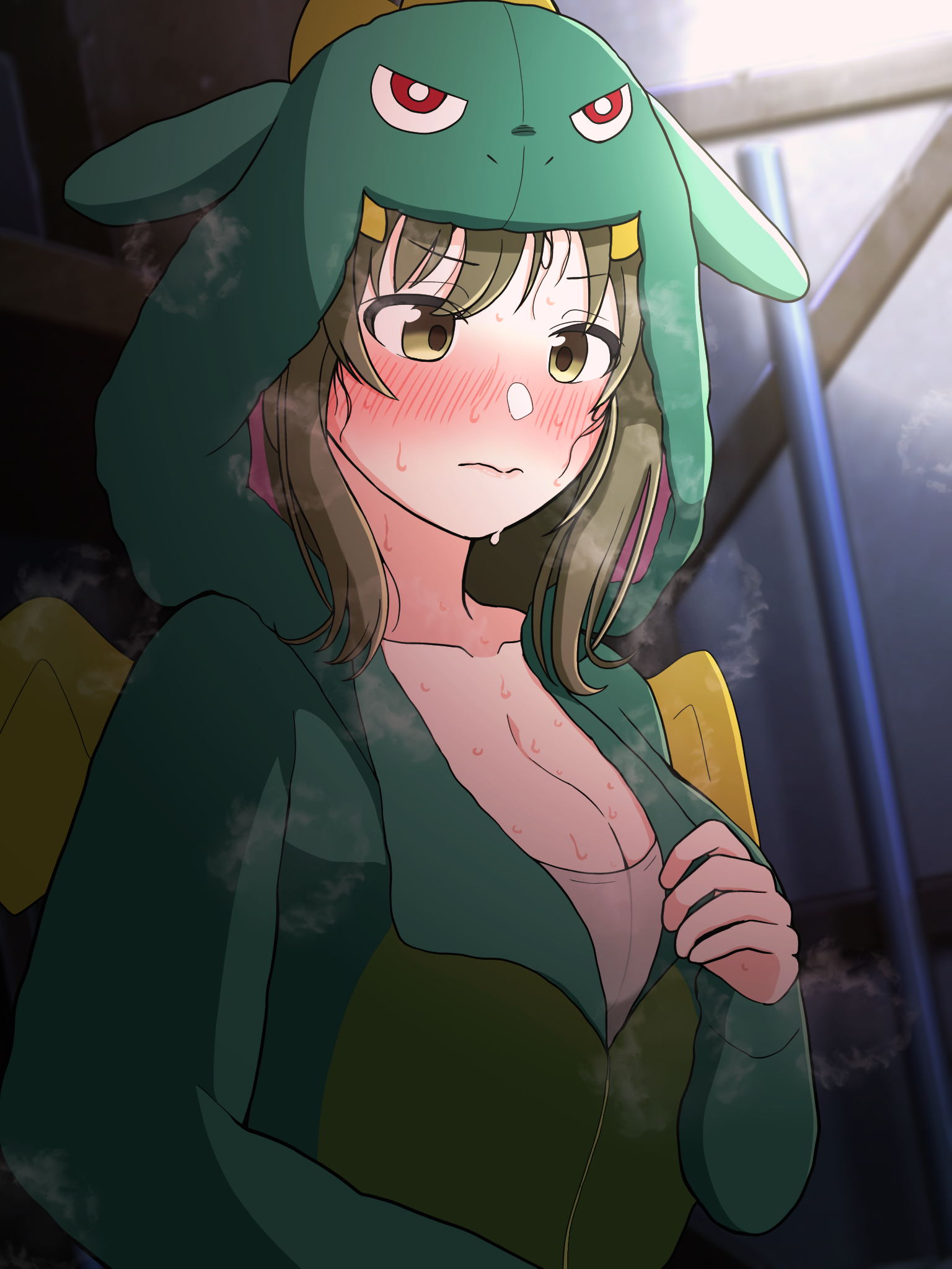 1girl animal_costume blush breasts cleavage collarbone dragon_costume green_hair highres hondy_(user_gcxa2842) hood hood_up idolmaster idolmaster_shiny_colors large_breasts looking_ahead nanakusa_nichika official_alternate_costume solo steaming_body sweat upper_body