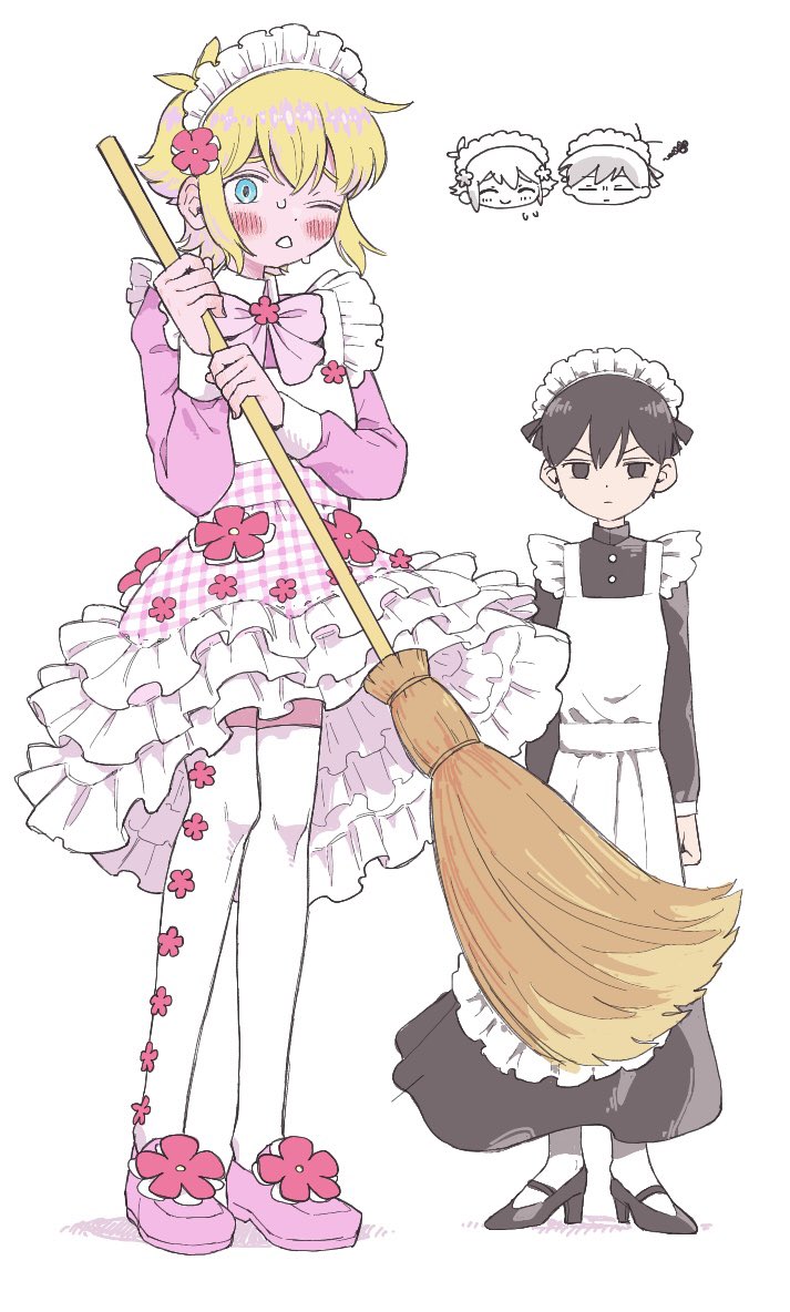 2boys alternate_costume antenna_hair basil_(faraway)_(omori) basil_(omori) black_eyes black_hair black_shoes blonde_hair blue_eyes broom chibi enmaided flower hair_flower hair_ornament high_heels holding holding_broom long_sleeves looking_at_viewer maid maid_headdress male_focus miranosub multiple_boys omori one_eye_closed open_mouth pink_shoes shoes short_hair simple_background sunny_(omori) sweat thighhighs white_background white_thighhighs
