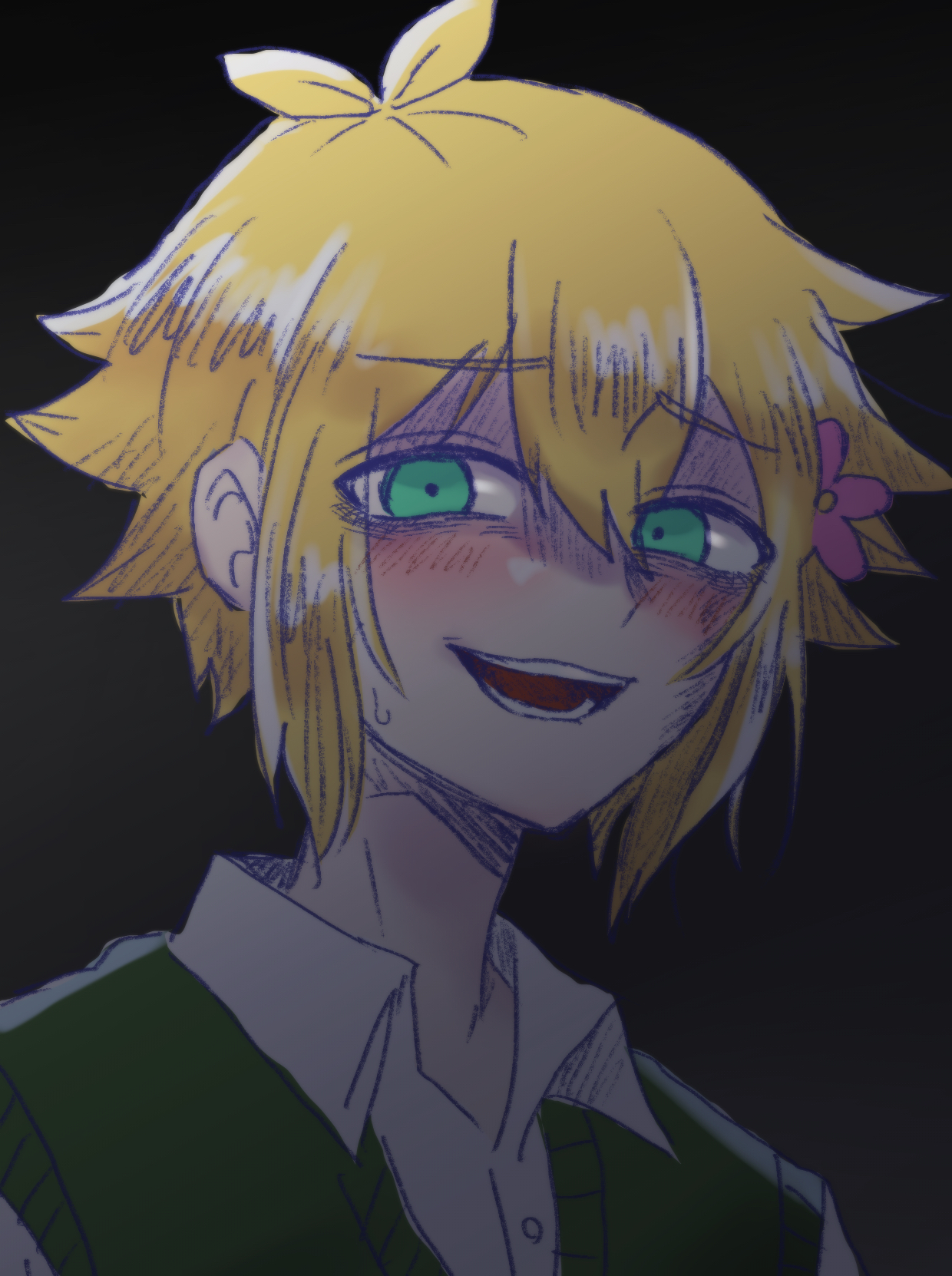 1boy antenna_hair bags_under_eyes basil_(faraway)_(omori) basil_(omori) blonde_hair blue_eyes blush collared_shirt flower germany_omori green_sweater_vest hair_flower hair_ornament highres looking_at_viewer male_focus omori open_mouth shirt short_hair smile solo sweatdrop sweater_vest teeth white_shirt