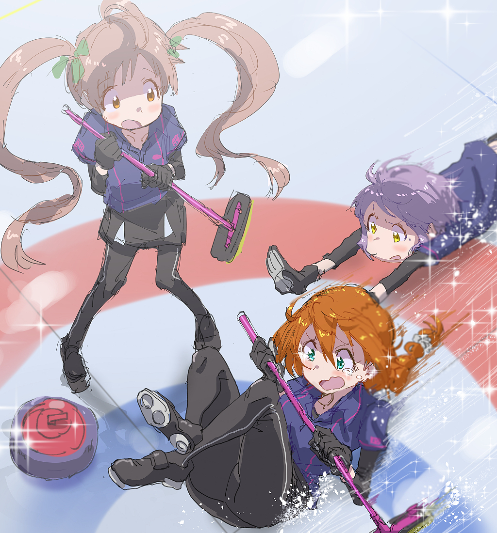 3girls aqua_eyes baba_konomi black_footwear black_gloves black_leggings black_skirt brown_eyes brown_hair commentary_request curling curling_broom curling_stone gloves hakozaki_serika holding idolmaster idolmaster_million_live! leggings long_hair looking_at_another lying makabe_mizuki miniskirt motion_lines multiple_girls ogasawara on_back on_stomach open_mouth orange_hair playing_sports purple_hair shirt shoes short_hair sketch skirt sliding speed_lines t-shirt twintails very_long_hair yellow_eyes