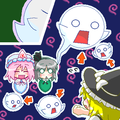 3girls blonde_hair boo_(mario) crossover ghost hitodama kirisame_marisa konpaku_youmu konpaku_youmu_(ghost) lowres mario_(series) multiple_girls myonde nintendo oekaki parody saigyouji_yuyuko super_marisa_world touhou