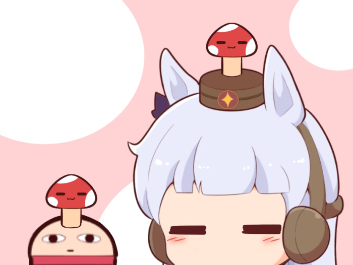 &lt;o&gt;_&lt;o&gt; 1girl :3 =_= animal_ears blush_stickers bow brown_headwear chibi closed_eyes closed_mouth ear_bow ear_covers gintama gold_ship_(umamusume) gomashio_(goma_feet) grey_hair hat horse_ears justaway mini_hat mushroom_on_head purple_bow umamusume