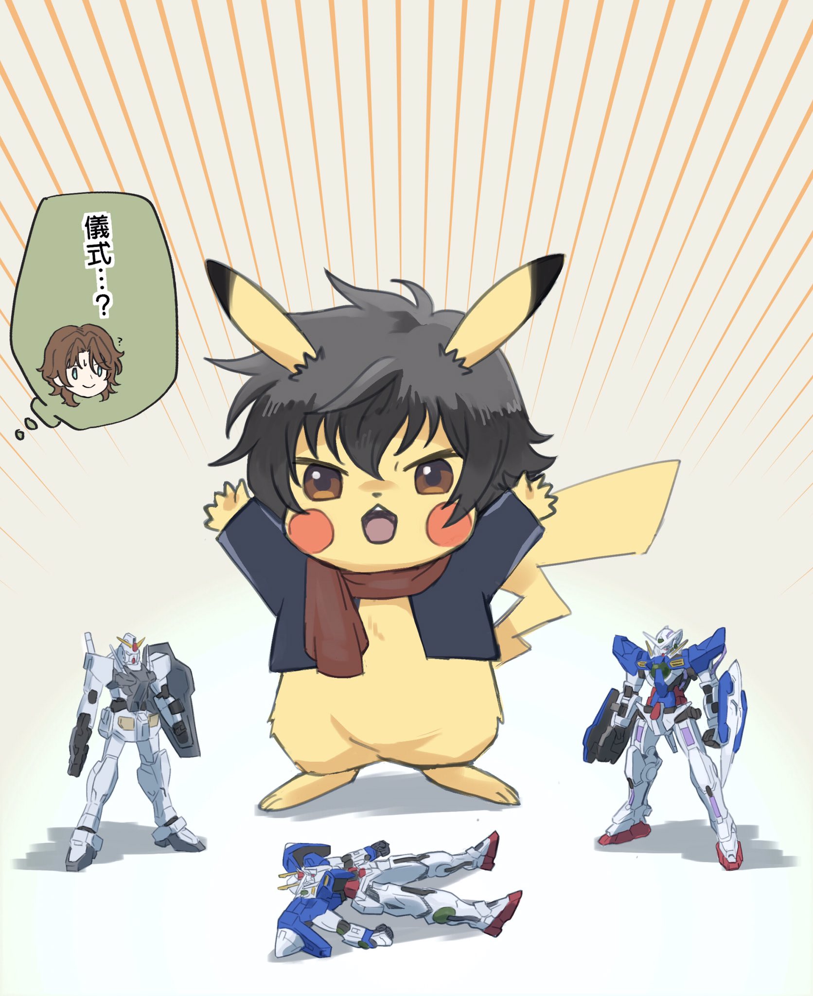 00_gundam 0_gundam black_hair blue_jacket brown_eyes confused cosplay gen_1_pokemon gundam gundam_00 gundam_exia gunpla highres jacket lockon_stratos model_kit nintendo open_hands open_mouth pikachu pokemon pokemon_(creature) sakasa_dzuri setsuna_f._seiei setsuna_f._seiei_(cosplay) speech_bubble tail thought_bubble translation_request