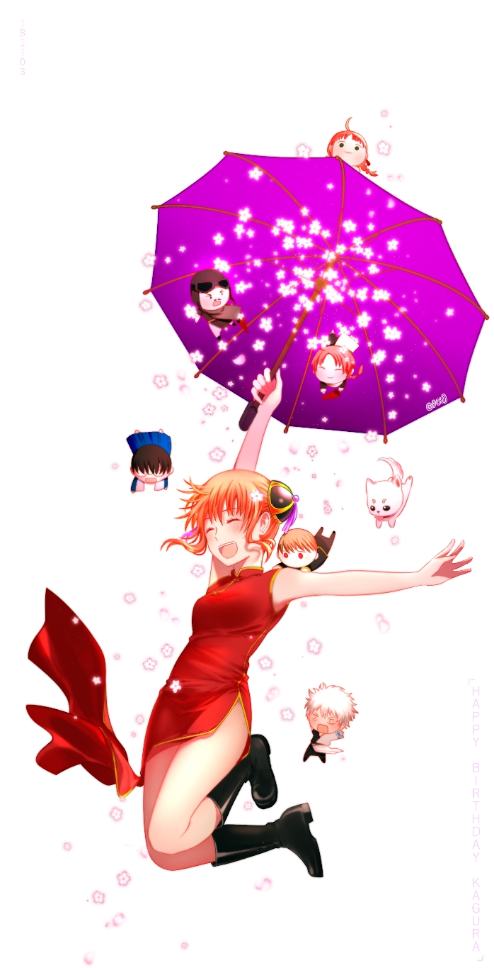 1girl :d arm_up black_boots boots breasts brown_hair china_dress chinese_clothes closed_eyes doruje dress female_focus floating_hair full_body gintama hair_bun hair_ribbon highres holding holding_umbrella jumping kagura_(gintama) kamui_(gintama) medium_breasts okita_sougo open_mouth outstretched_arms pink_ribbon purple_umbrella red_dress ribbon sadaharu sakata_gintoki shimura_shinpachi short_hair side_slit simple_background single_hair_bun sleeveless sleeveless_dress smile solo umbrella umibouzu_(gintama) white_background