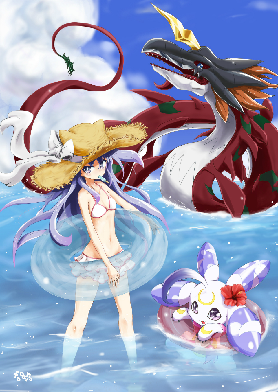 digimon hat highres long_hair lunamon purple_eyes purple_hair sayo_(digimon) swimsuit waruseadramon