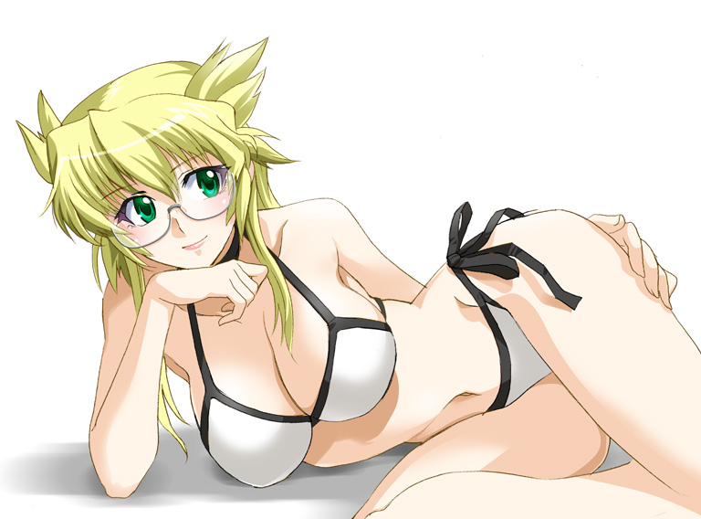 00s bikini blonde_hair breasts cleavage demonbane glasses green_eyes inue_shinsuke large_breasts leica_(demonbane) lying on_side side-tie_bikini_bottom smile solo swimsuit white_bikini