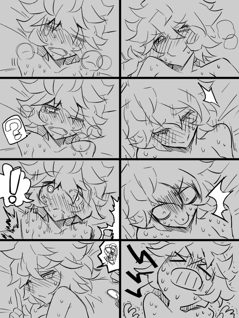 ! &gt;_&lt; 1girl ? blush commentary constricted_pupils multiple_expressions facial_expressions greyscale heart heart-shaped_pupils implied_sex jin_(mugenjin) messy_hair monochrome original solo_focus spoken_exclamation_mark spoken_question_mark sweat symbol-shaped_pupils