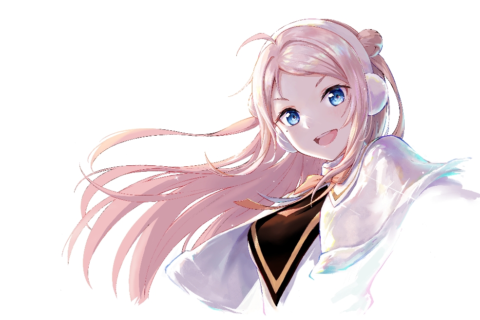 1girl blue_eyes breasts colorful_dreams!_colorful_smiles!_(love_live!) commentary double_bun earmuffs hair_bun long_hair looking_at_viewer love_live! love_live!_nijigasaki_high_school_idol_club medium_breasts mole mole_under_eye pink_hair setsu_(qjsj1993aa) sidelocks smile solo upper_body white_background zhong_lanzhu