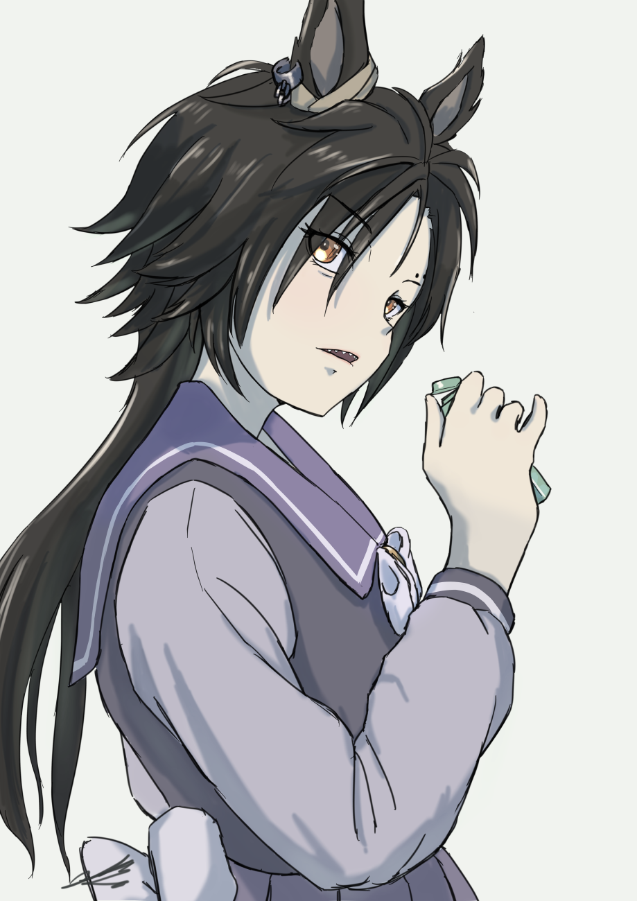 1girl air_shakur_(umamusume) animal_ears black_hair bow bowtie eyebrow_piercing face_piercing from_side highres holding horse_ears horse_girl long_hair long_sleeves looking_at_viewer looking_to_the_side piercing purple_serafuku purple_shirt sailor_collar sailor_shirt school_uniform serafuku sharp_teeth shirt solo tanasiso teeth tracen_school_uniform umamusume upper_body white_bow white_bowtie yellow_eyes