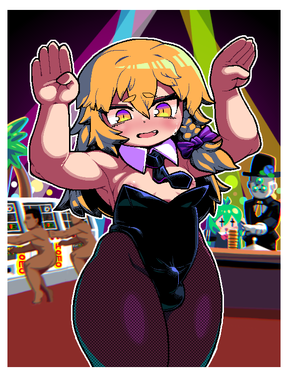 +_+ 1girl 3boys alternate_costume black_leotard blonde_hair blush border bow braid bulge coin cookie_(touhou) cowboy_shot crossdressing fang fishnet_pantyhose fishnets genderswap genderswap_(ftm) hair_bow kirisame_marisa leotard long_hair male_focus manatsu_no_yo_no_inmu multiple_boys nipples nose_blush open_mouth pantyhose purple_bow rabbit_pose rei_(cookie) side_braid single_braid slot_machine solo_focus tonchamon_san tone_sphere touhou trap trin_(tone_sphere) white_border yellow_eyes