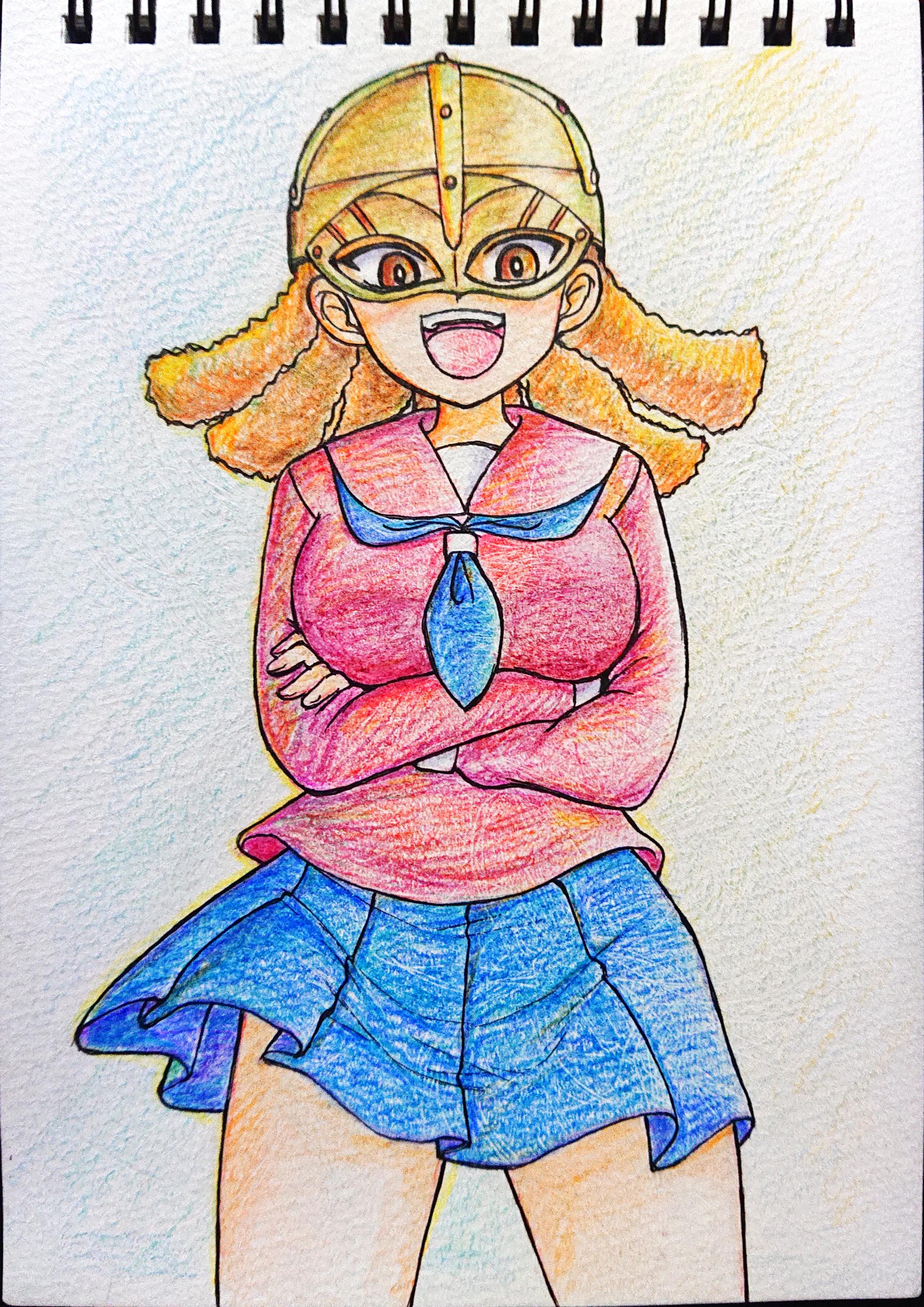 1girl absurdres amanone_yun blue_scarf blue_skirt breasts brown_eyes colored_pencil_(medium) crossed_arms curly_hair girls_und_panzer helmet highres kebiko_(girls_und_panzer) large_breasts long_hair looking_at_viewer miniskirt orange_hair red_serafuku scarf school_uniform serafuku skirt traditional_media viking viking_fisheries_school_uniform