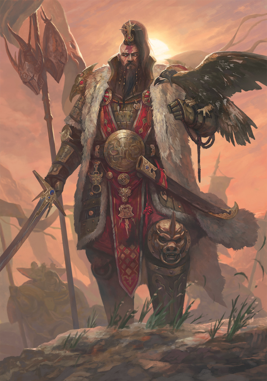 adeptus_astartes ancient_mongolian_armor animal armor banner beard belt_buckle bird black_hair blade_of_grass breastplate buckle closed_mouth commentary couter cuirass eagle english_commentary facial_hair falconry_hood faulds feet_out_of_frame flying_grass full_armor fur-trimmed_armor fur_trim gauntlets gold_armor grass helm helmet highres holding holding_banner holding_sword holding_weapon jaghatai_khan jewelry kheljay leather_armor leg_armor lightning_bolt_symbol long_beard long_hair male_focus necklace no_pupils on_ground on_rock ornate_armor outdoors overcast pauldrons pelvic_curtain photoshop_(medium) plant poleyn power_armor primarch red_ribbon rerebrace ribbon rock scabbard scar scar_on_face sheath shoulder_armor sky solo_focus standing straight-on sun sword tabard tied_beard tooth_necklace topknot warhammer_40k weapon white_eyes white_scars white_tiger_dao wildfire_panoply
