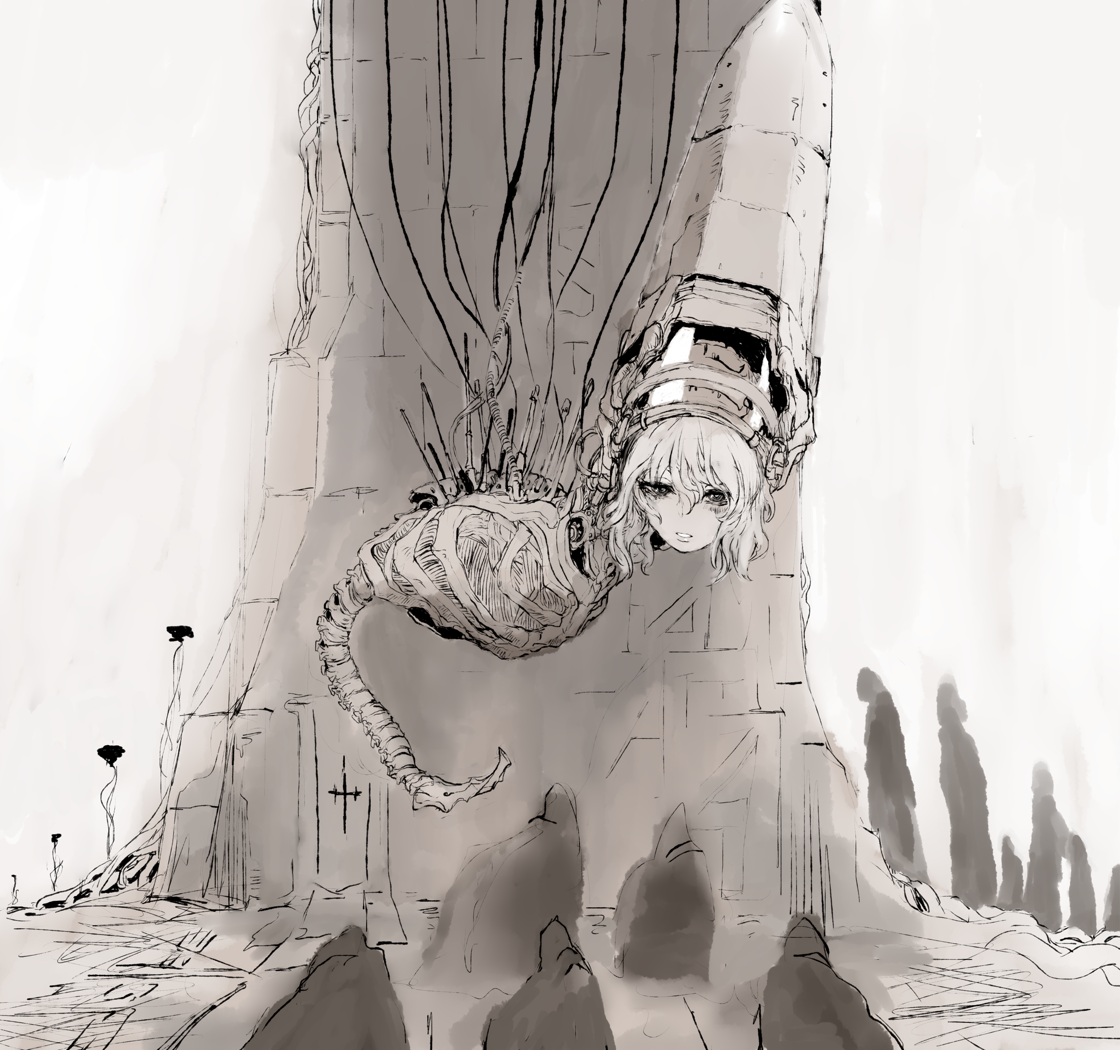 1girl 6+others amputee android celeste_(the_citadel) from_side hatching_(texture) headgear highres looking_at_viewer looking_to_the_side mechabare megrim_haruyo monochrome multiple_others quadruple_amputee ribs robe robot sideways_glance skeleton spine the_citadel