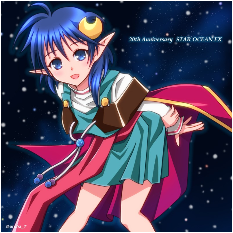 1girl blue_eyes blue_hair cape crescent crescent_hair_ornament hair_ornament looking_at_viewer miqture open_mouth pointy_ears red_cape rena_lanford short_hair skirt smile solo space star_ocean star_ocean_ex star_ocean_the_second_story