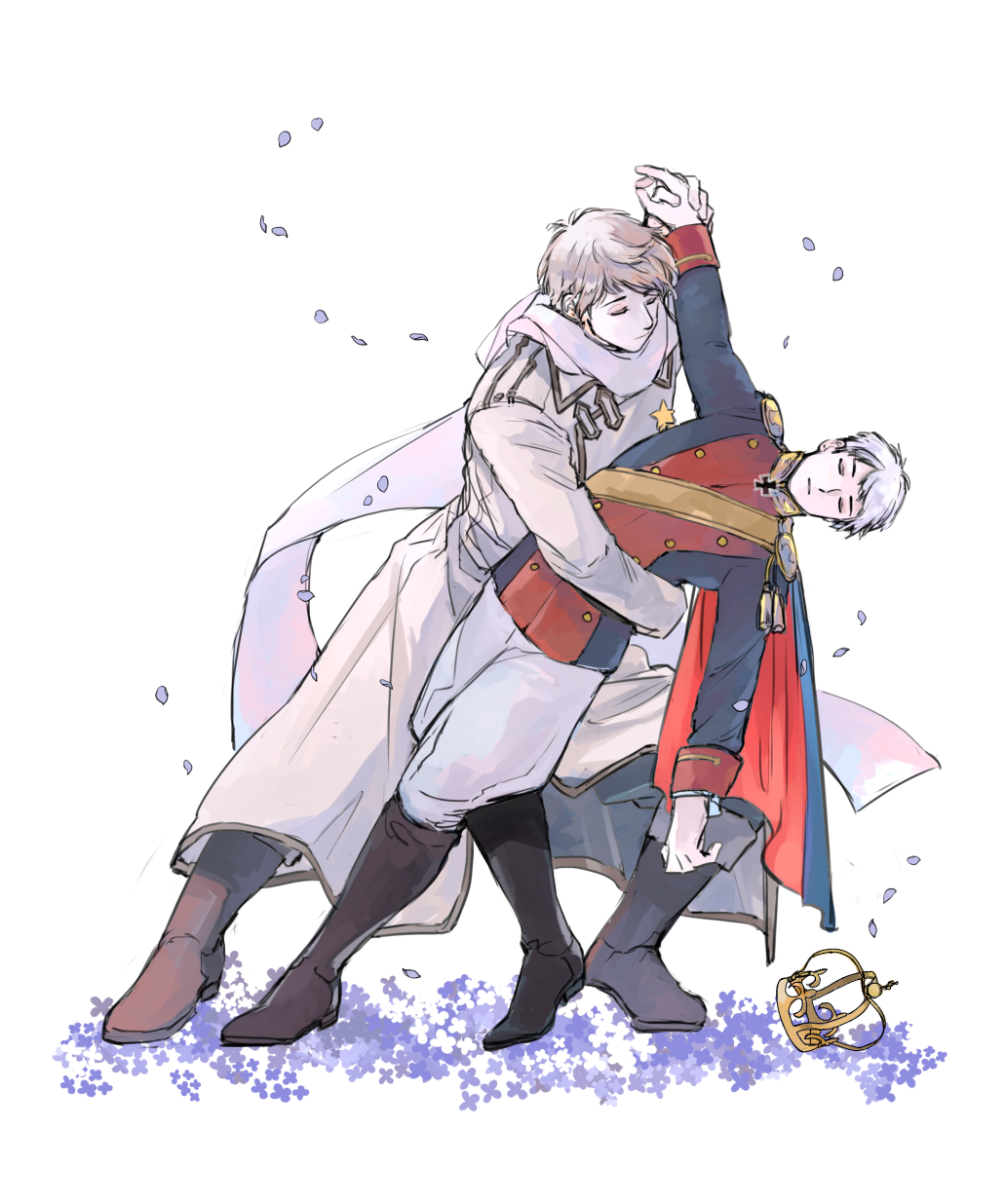 2boys arm_up axis_powers_hetalia baggy_pants blue_cape blue_flower blue_jacket boots brown_footwear buttons cape closed_eyes closed_mouth coat commentary_request cross crown flower full_body goro_nyanko grey_hair hand_around_waist highres holding_hands iron_cross jacket lapels long_sleeves mandarin_collar multiple_boys pants petals prussia_(hetalia) red_cape russia_(hetalia) sash scarf short_hair simple_background smile standing tassel two-sided_coat two-sided_fabric unworn_crown white_background white_coat white_pants white_scarf yaoi yellow_sash