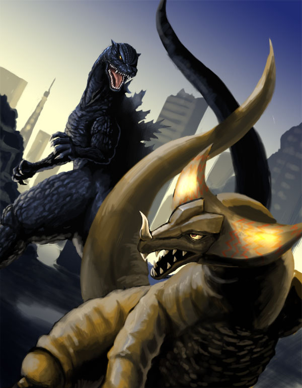 angry building city claws crest crossover day destruction dinosaur ears fighting giant giant_monster godzilla godzilla:_final_wars godzilla_(series) gomora horns kaiju monster no_humans nyoruniru open_mouth sea_monster sharp_teeth spikes teeth toho tongue tower tsuburaya_productions ultra_series ultraman_(1st_series) yellow_eyes