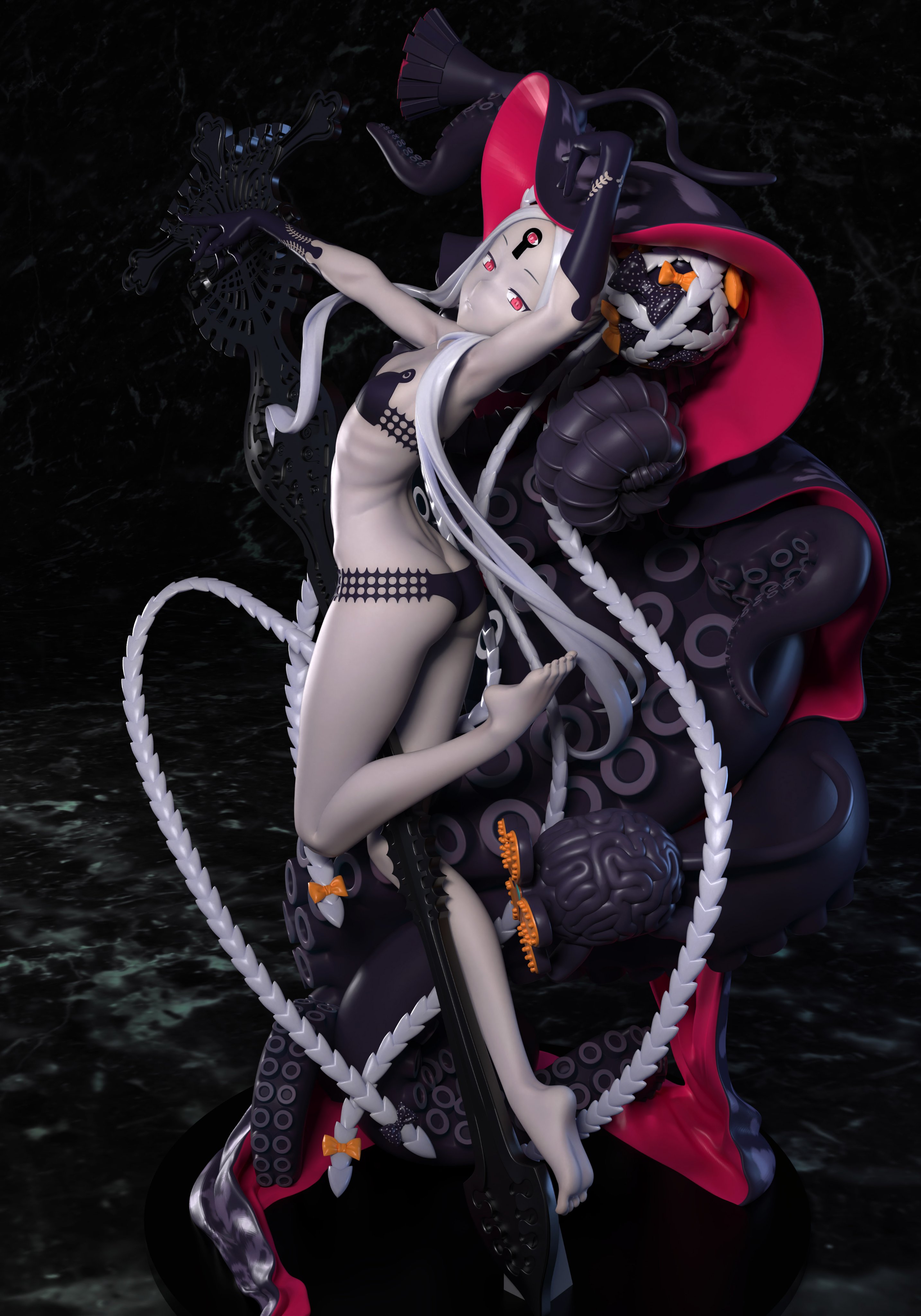 1girl 3d abigail_williams_(fate) abigail_williams_(swimsuit_foreigner)_(fate) abigail_williams_(swimsuit_foreigner)_(first_ascension)_(fate) absurdres ass barefoot bikini black_bikini bow butt_crack colored_skin cyohank fate/grand_order fate_(series) flat_chest full_body gloves grey_hair grey_skin highres keyhole long_hair looking_to_the_side luthar_(fate) navel nosh_(fate) orange_bow outstretched_arm parted_lips red_eyes ribs sidelocks solo swimsuit tentacles third_eye two-tone_headwear very_long_hair z3zz4