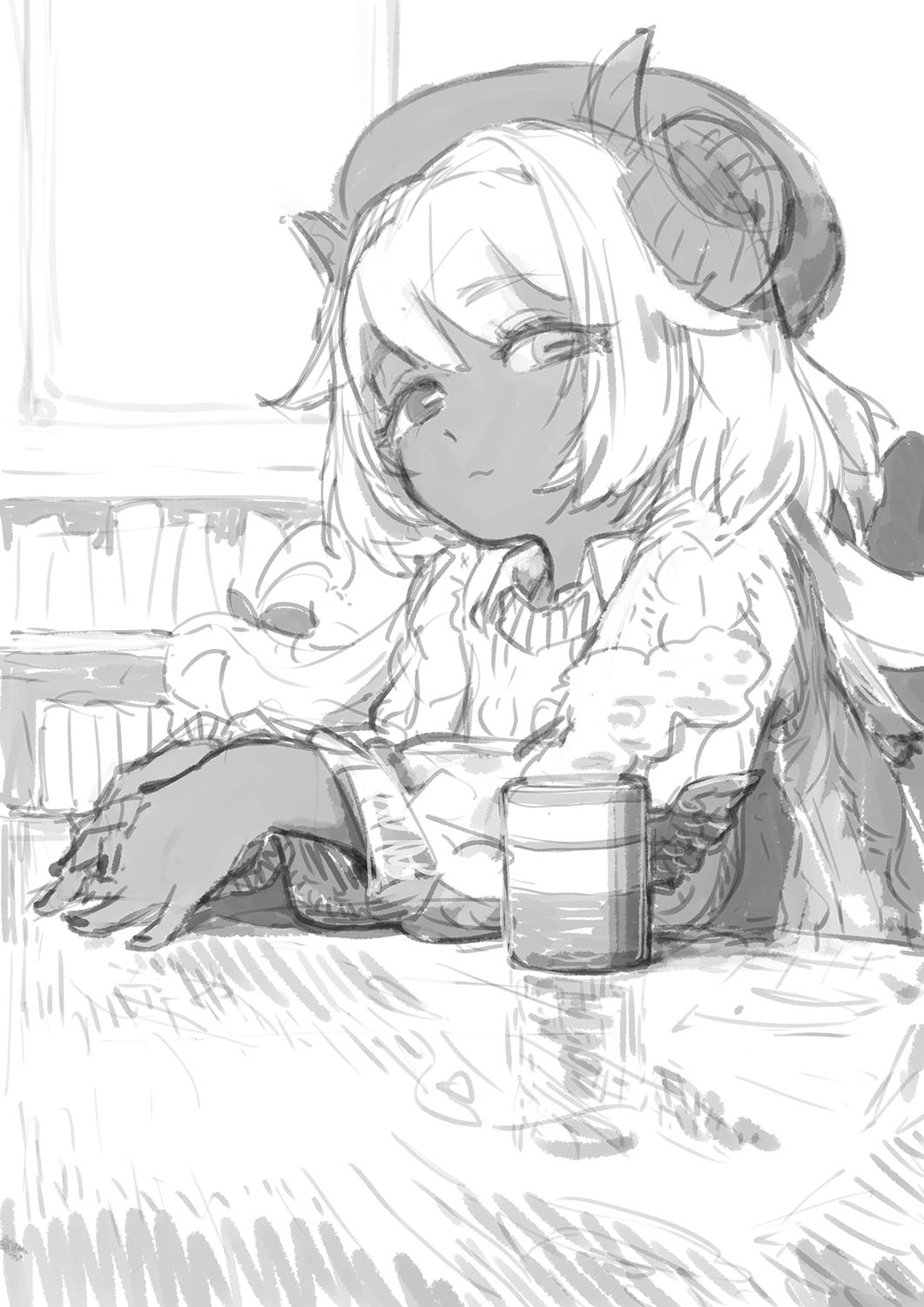 1girl :3 alternate_costume amaryllis_gumi aran_sweater arms_on_table beret bookshelf cable_knit casual closed_mouth cup curled_horns dark-skinned_female dark_skin demon_girl feral_lemma from_side greyscale half-closed_eyes hat heterochromia highres horizontal_pupils horns hot_drink indoors long_hair looking_at_viewer looking_to_the_side monochrome mug nail_polish own_hands_together shirt_under_sweater sitting sketch solo steam sweater table upper_body virtual_youtuber yotsutsuji_mayoi