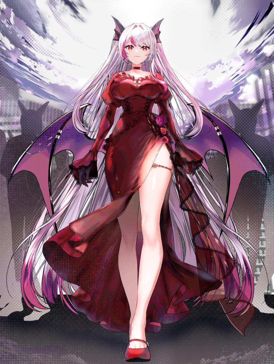 1girl breasts commission demon_girl demon_wings dress full_body head_wings kou_mariya large_breasts long_hair low_wings multicolored_hair multiple_wings pink_hair red_dress solo_focus sowon streaked_hair two-tone_hair two_side_up v4mirai virtual_youtuber white_hair wings
