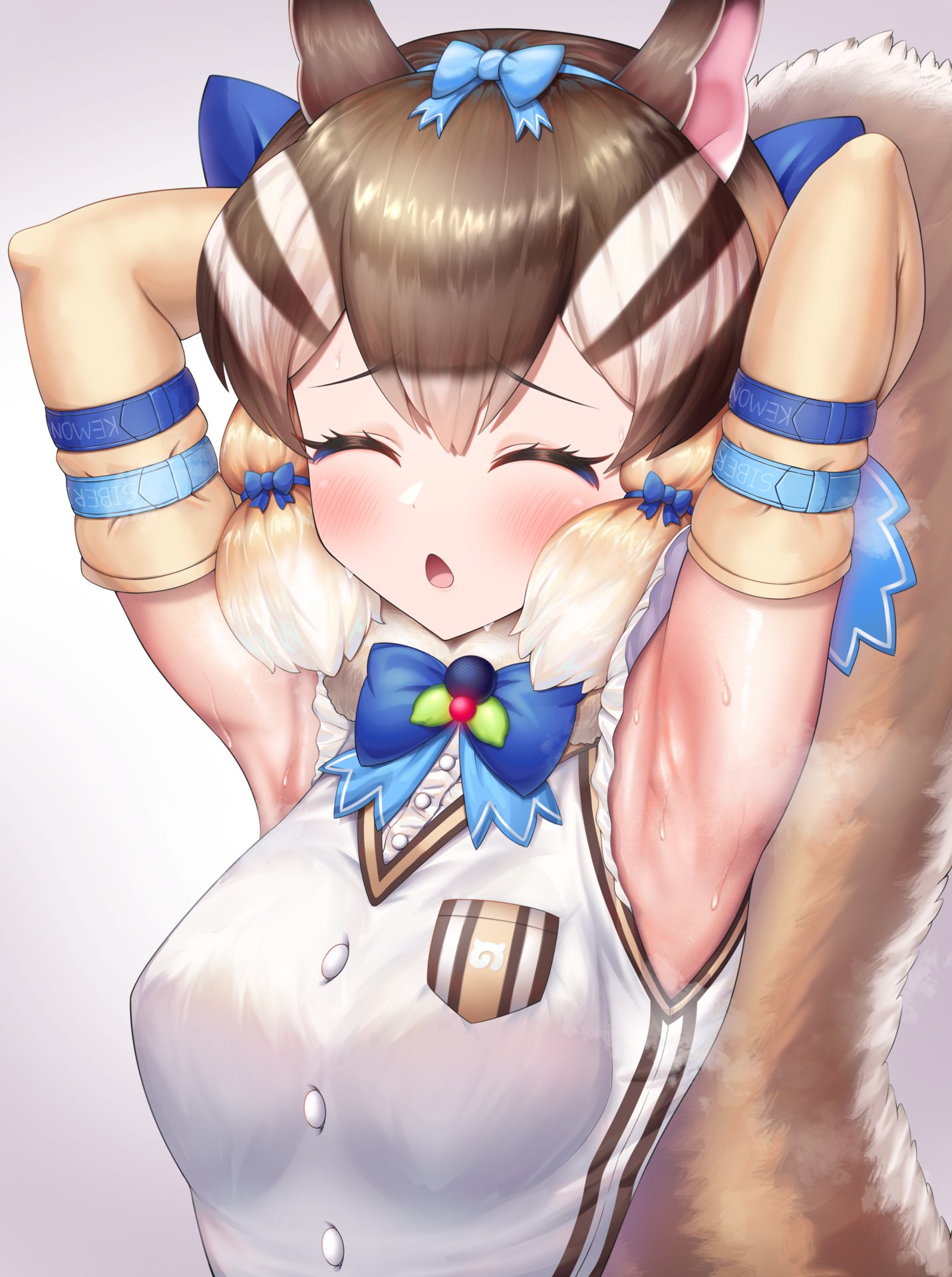 1girl animal_ears armpits belt blush brown_hair chipmunk_ears chipmunk_girl chipmunk_tail elbow_gloves extra_ears gloves grey_background highres kemono_friends kemono_friends_v_project looking_at_viewer microphone neukkom ribbon shirt short_hair siberian_chipmunk_(kemono_friends) simple_background solo sweat tail vest virtual_youtuber