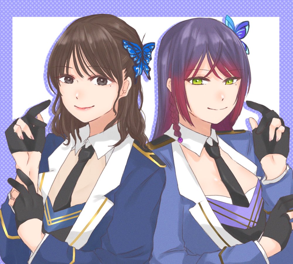 2girls animification assault_lily black_eyes black_gloves black_necktie blue_eyes blue_jacket border braid brown_hair butterfly_hair_ornament closed_mouth collared_shirt commentary cosplay crossed_bangs drop_shadow epaulettes fingernails funada_kiito funada_kiito_(cosplay) gloves green_eyes hair_ornament half_gloves hands_up ishii_haruna jacket long_hair long_sleeves looking_at_viewer medium_hair mole mole_under_eye multiple_girls necktie nigari_(ngari_0115) partially_fingerless_gloves polka_dot_border purple_border purple_hair real_life shirt side-by-side side_braid simple_background single_braid smile symbol-only_commentary upper_body voice_actor voice_actor_connection white_background