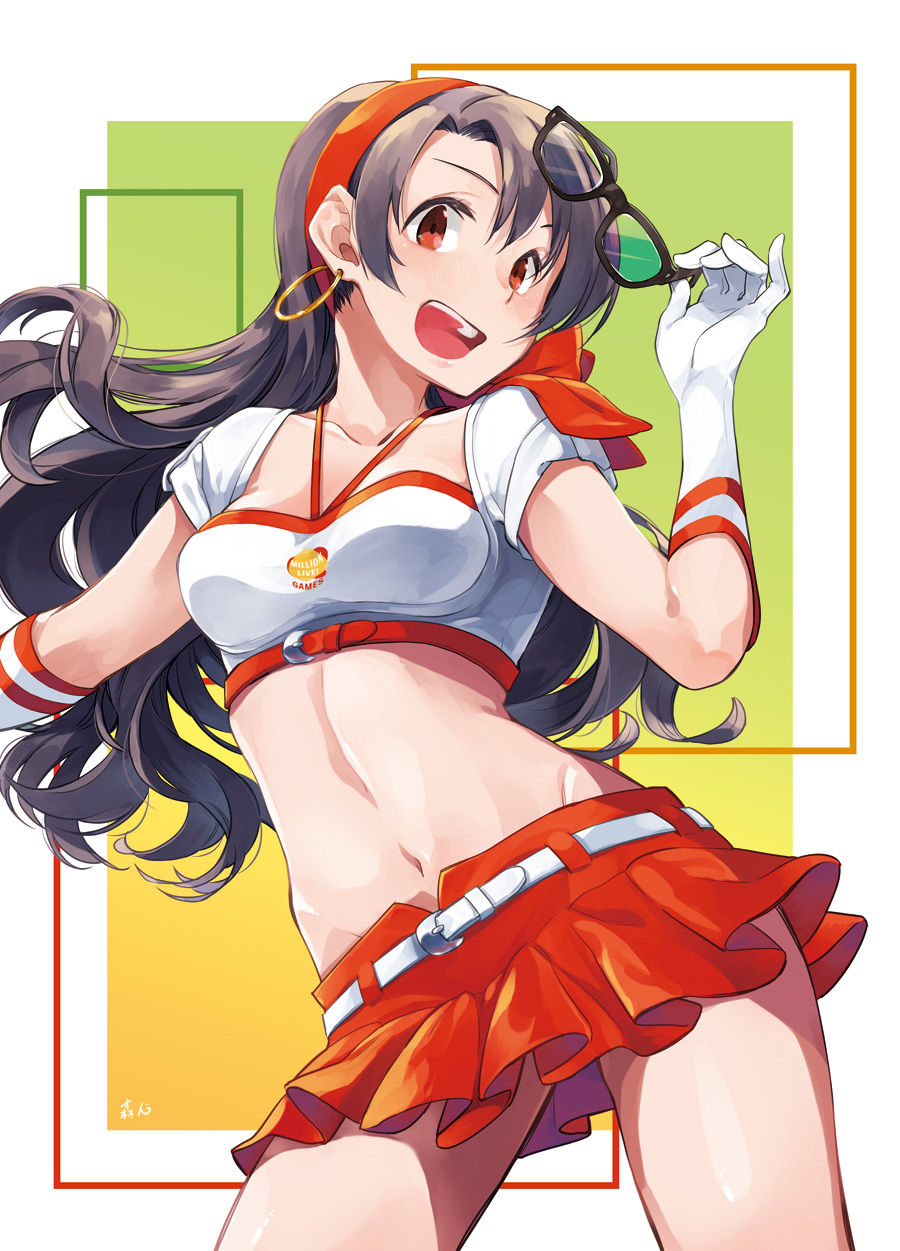 1girl adjusting_eyewear belt black-framed_eyewear black_hair blush border bow breasts cleavage collarbone cowboy_shot crop_top cropped_shirt earrings elbow_gloves floating_hair gloves gradient_background hairband hand_up highres hoop_earrings idolmaster idolmaster_million_live! idolmaster_million_live!_theater_days jewelry long_hair looking_at_viewer medium_breasts midriff miniskirt morihito navel open_mouth outside_border red_bow red_eyes red_hairband red_skirt red_trim shirt short_sleeves signature skirt smile solo standing takayama_sayoko teeth two-tone_background upper_teeth_only white_belt white_border white_gloves white_shirt