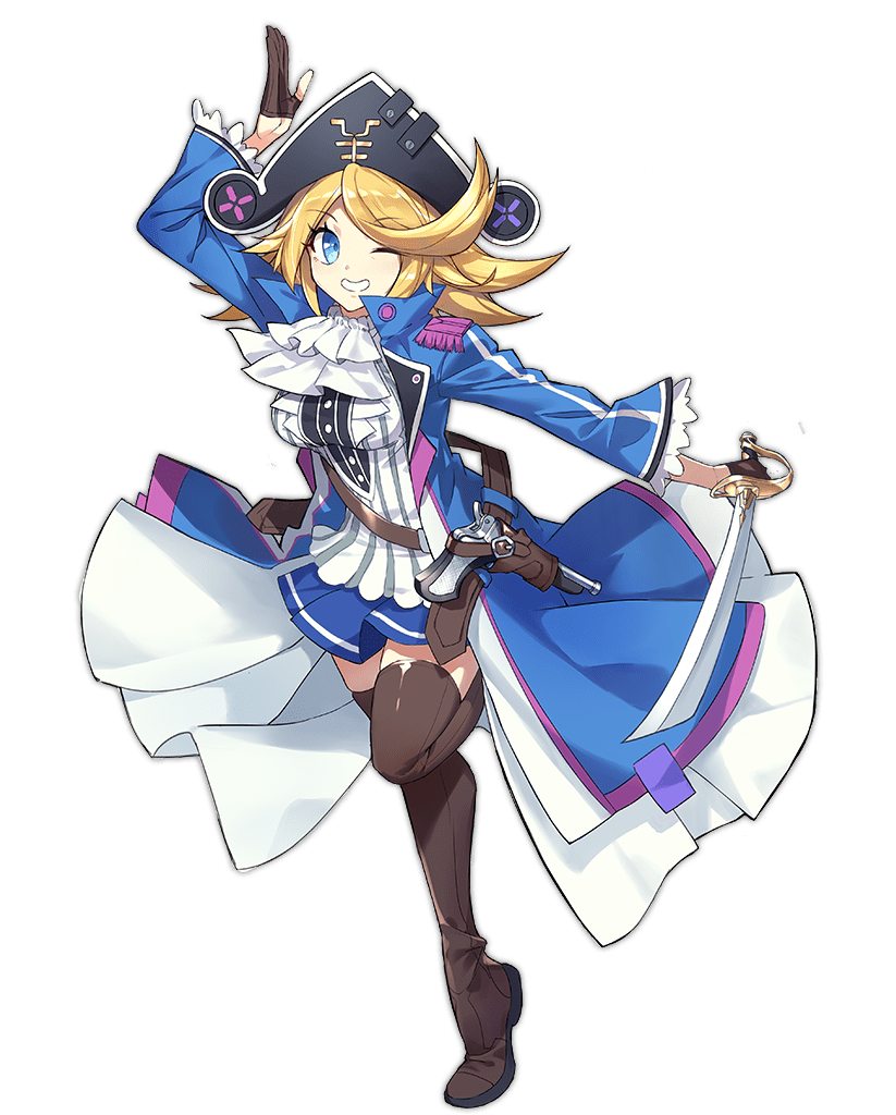 1girl ark_order ascot belt blonde_hair blue_coat blue_eyes blue_skirt boots breasts brown_belt brown_boots brown_gloves coat epaulettes frilled_sleeves frills full_body gloves gold grin gun half_gloves handgun hat hat_feather holding holding_sword holding_weapon holster jason_(ark_order) kzhu large_breasts long_sleeves looking_at_viewer medium_hair official_art one_eye_closed open_mouth partially_fingerless_gloves pirate_hat shirt sidelocks skirt smile solo standing standing_on_one_leg sword tachi-e thigh_boots thighhighs transparent_background variant_set weapon white_ascot white_shirt wing_collar