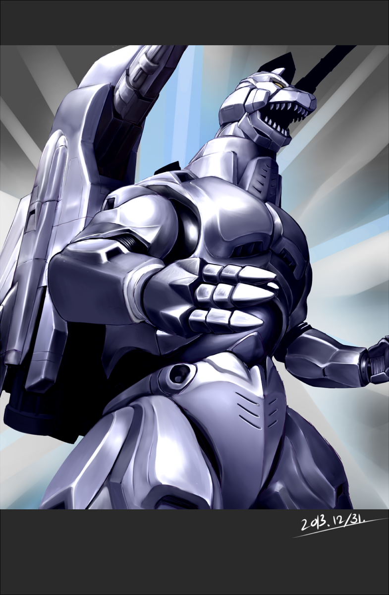 aircraft cannon dated directed-energy_weapon energy_cannon energy_weapon garuda_(godzilla) godzilla_(series) godzilla_vs._mechagodzilla_ii highres kaiju maser_cannon mecha mechagodzilla military no_humans robot shakuraba_spartoi shoulder_cannon super_mechagodzilla toho weapon yellow_eyes