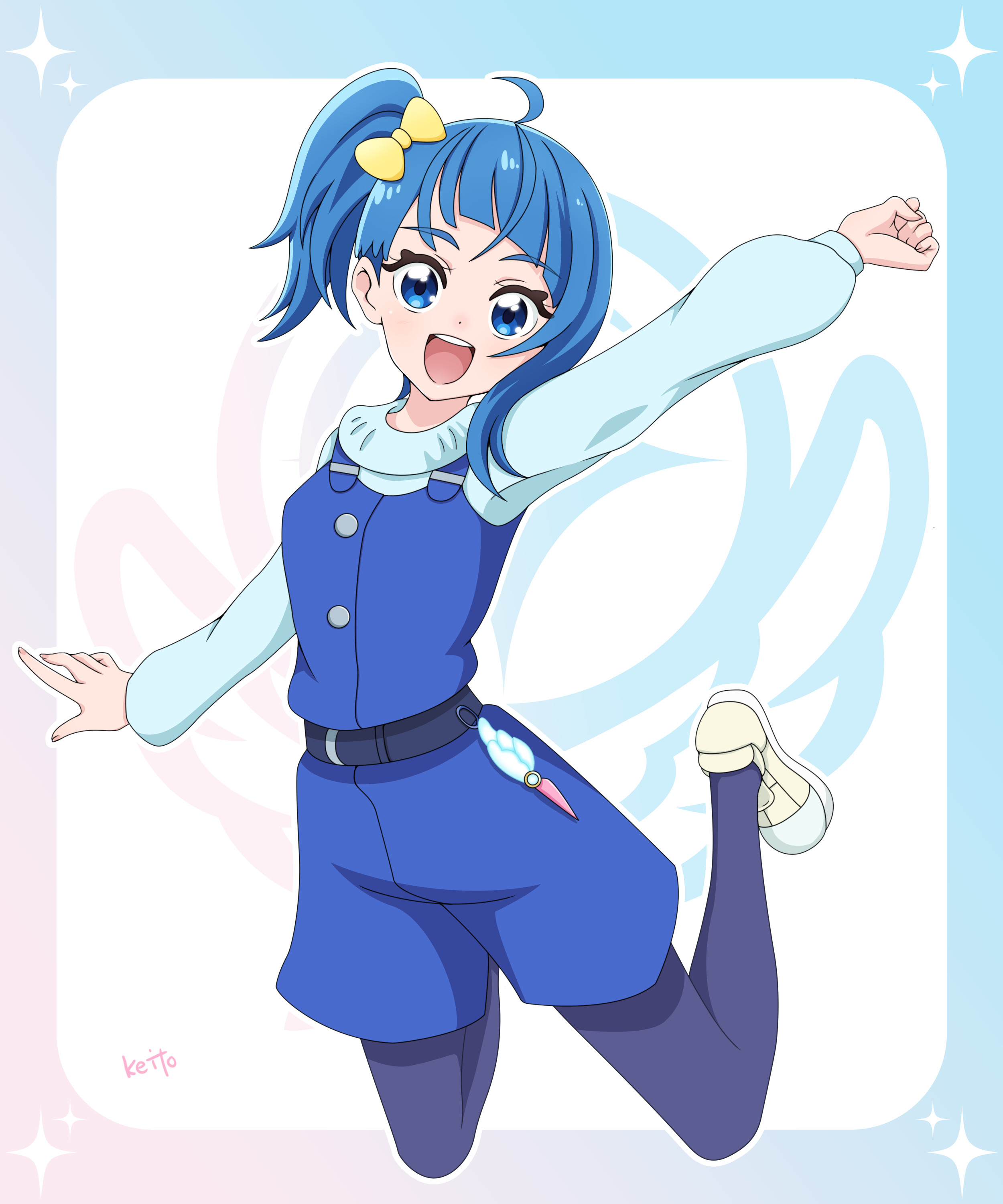 1girl :d absurdres ahoge alternate_costume anime_coloring arm_up artist_name belt black_belt blue_border blue_eyes blue_hair blue_overalls blue_pantyhose blue_sweater border bow breasts buttons clenched_hand commentary cut_bangs dot_nose four-pointed_star full_body gradient_border hair_bow highres hirogaru_sky!_precure legs_up light_blush long_sleeves looking_at_viewer medium_hair midair mirage_pen multicolored_border official_alternate_costume open_mouth outside_border overall_shorts overalls pantyhose pink_border ponytail precure round_teeth sakuragawa3710 shoes side_ponytail small_breasts smile solo sora_harewataru star_(symbol) star_border sweater teeth upper_body white_background winter_clothes yellow_bow yellow_shoes