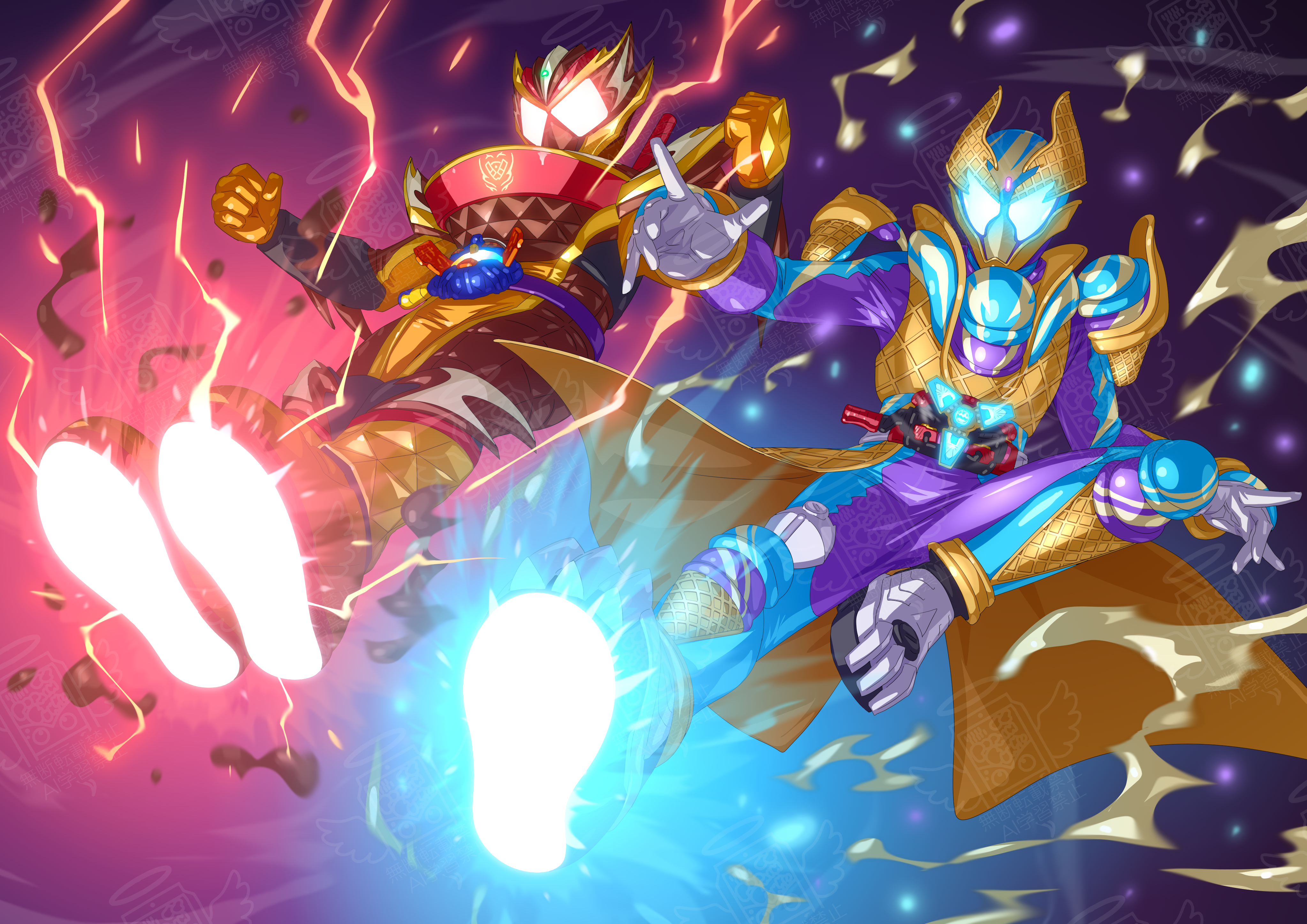 2boys absurdres blue_eyes bodysuit brown_armor flying_kick full_body glowing glowing_eyes highres kamen_rider kamen_rider_gavv kamen_rider_gavv_(blizzardsorbet_form) kamen_rider_gavv_(series) kamen_rider_valen kamen_rider_valen_frappe_custom kicking male_focus multiple_boys otokamu purple_bodysuit red_eyes rider_kick tokusatsu