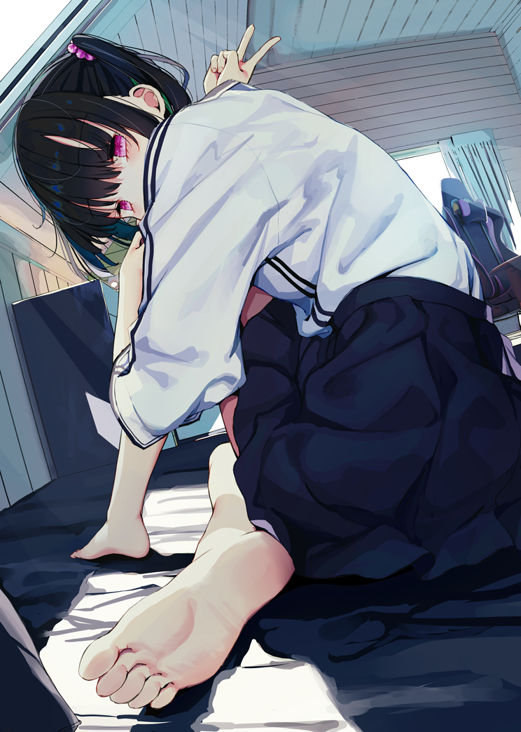 1girl bare_legs_girl_(kamizaki_hibana) barefoot bed bed_sheet black_hair black_skirt blush chair commentary_request feet fingernails foot_focus foreshortening from_behind full_body gaming_chair hair_bobbles hair_ornament hand_on_own_knee head_on_knee head_rest head_tilt indoors kamizaki_hibana knee_up light_rays long_hair looking_at_viewer looking_back on_bed original pink_eyes shirt shirt_tucked_in sitting skirt three-quarter_sleeves soles solo sunbeam sunlight swivel_chair toes turning_head twintails v white_shirt window