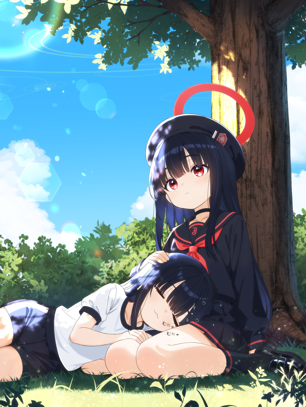 2girls beret black_choker black_hair black_hat black_sailor_collar black_serafuku black_shirt black_skirt blue_archive blue_shorts blue_sky blunt_bangs choker cloud grass gym_shirt gym_shorts gym_uniform halo hand_on_another&#039;s_head hat highres justice_task_force_member_(blue_archive) light_rays long_hair long_sleeves lying lying_on_person multiple_girls mutsuse neckerchief on_grass pleated_skirt puffy_short_sleeves puffy_sleeves red_neckerchief sailor_collar school_uniform serafuku shirt short_shorts short_sleeves shorts sitting skirt sky sleeping sunlight tree white_shirt