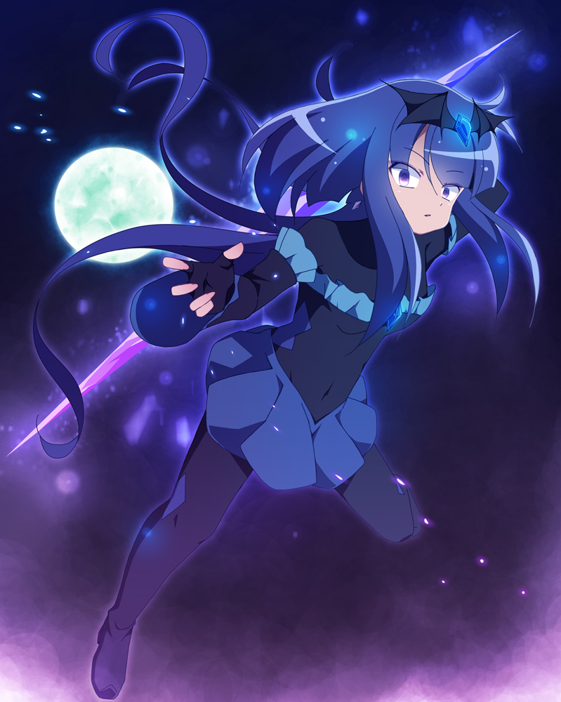 :o bad_end_beauty bad_end_precure black_bodysuit black_headwear blue_eyes blue_hair bodysuit breasts dark_persona frilled_sleeves frills glaring hand_up holding holding_weapon incoming_attack latex latex_bodysuit looking_at_viewer open_mouth ponytail precure skirt small_breasts smile_precure! ts1016 weapon