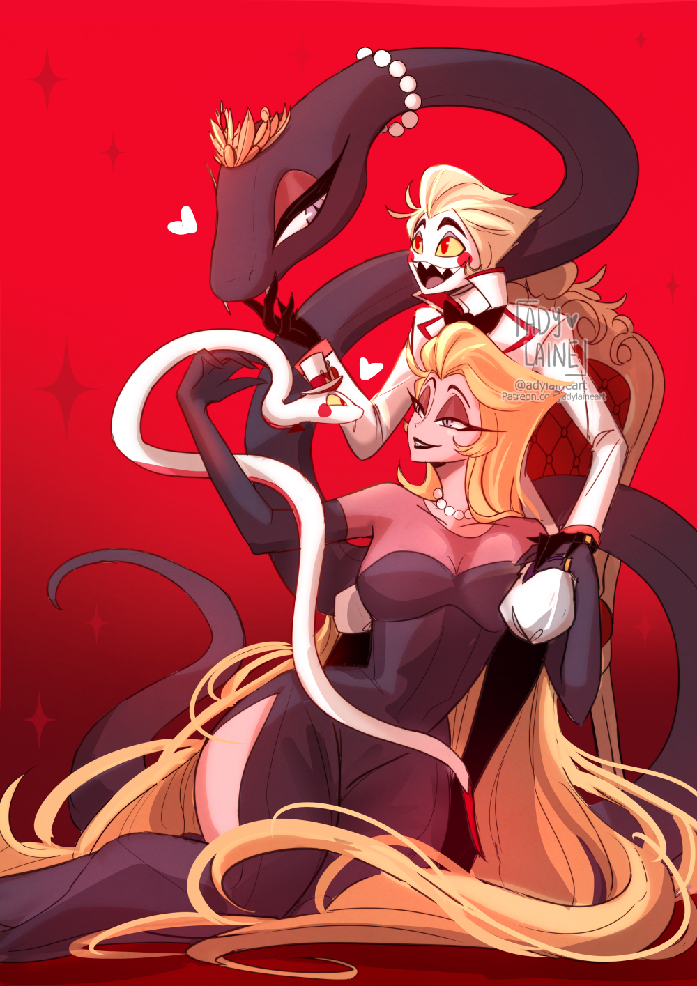 1boy 1girl adylaineart animalization breasts couple demon demon_boy demon_girl demon_horns dress hazbin_hotel highres horns husband_and_wife large_breasts lilith_(hazbin_hotel) long_hair lucifer_morningstar_(hazbin_hotel) person_and_animalization very_long_hair