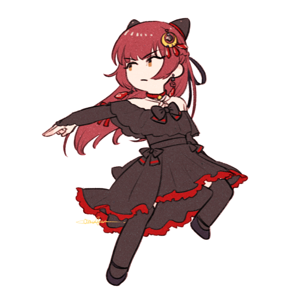 1girl :/ arm_at_side artist_name assault_lily bare_shoulders black_bow black_dress black_pantyhose black_ribbon black_shoes bow braid bridal_gauntlets brown_eyes chibi choker detached_sleeves dress dress_bow earrings floating_hair french_braid frilled_dress frills gozen_(assault_lily) hair_ornament hair_ribbon hairpods hand_up jewelry komuzuka leg_up long_hair long_sleeves looking_away looking_to_the_side off-shoulder_dress off_shoulder outstretched_arm pantyhose red_choker red_hair red_ribbon ribbon shoes signature simple_background sleeves_past_wrists solo standing standing_on_one_leg v-shaped_eyebrows white_background