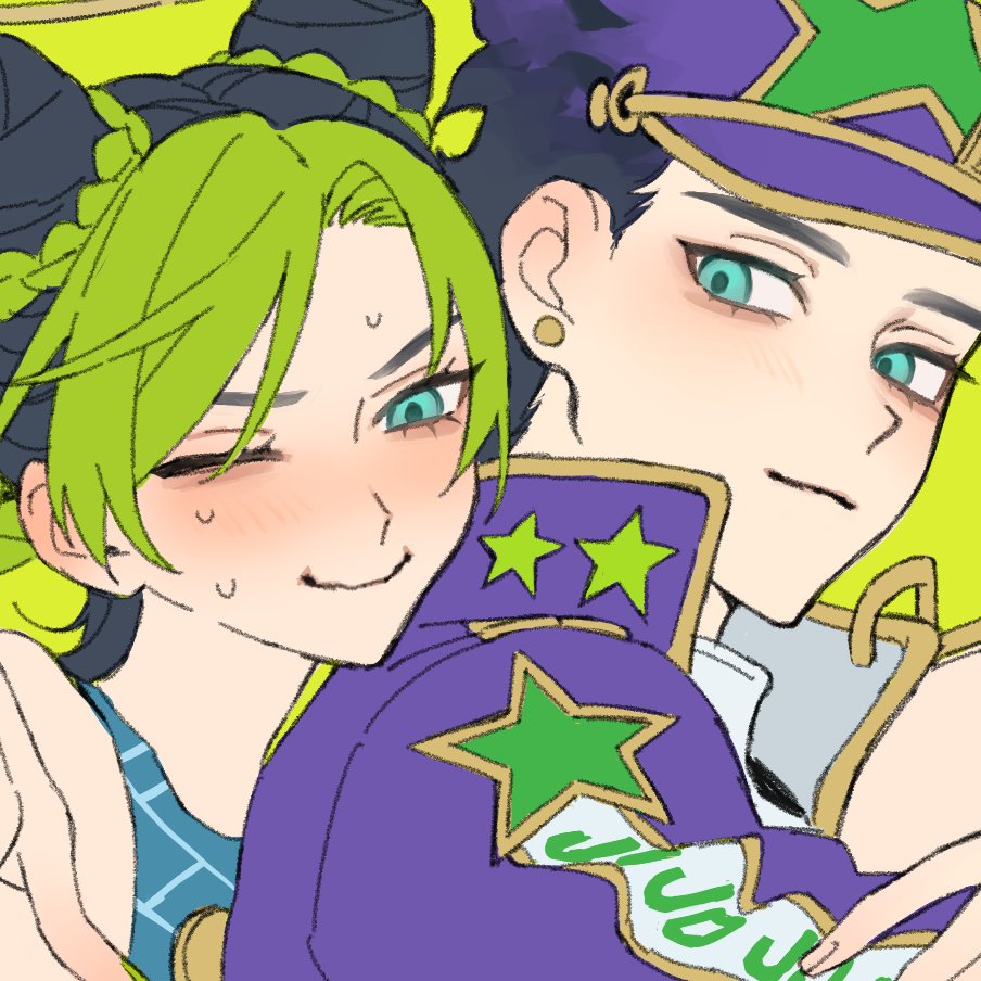 1boy 1girl aqua_eyes black_hair blush collared_jacket commentary_request double_bun earrings eyelashes father_and_daughter green_hair hair_bun hat jacket jewelry jojo_no_kimyou_na_bouken kuujou_jolyne kuujou_joutarou looking_to_the_side multicolored_hair one_eye_closed parted_hair piercing popped_collar purple_hat short_sideburns spider_web_print star_(symbol) stone_ocean stud_earrings sweat tem_1231 two-tone_hair