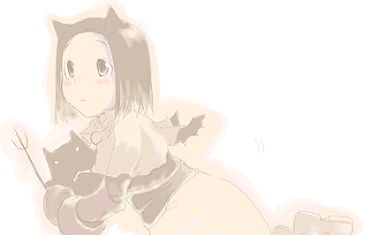 1girl acolyte_(ragnarok_online) brown_capelet brown_hair brown_shirt brown_skirt brown_wings capelet closed_mouth commentary_request creature demon demon_wings deviruchi expressionless forehead hair_horns holding holding_pitchfork leaning_forward looking_afar lowres mini_wings pitchfork ragnarok_online shirt short_hair skirt solo waya_(takaomi777) wings