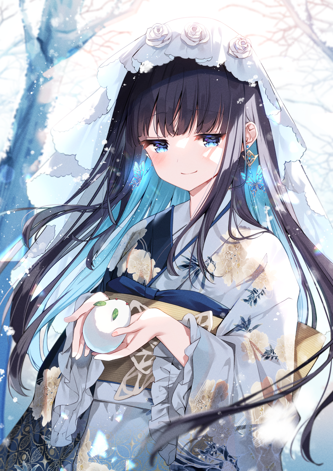 1girl black_hair blue_eyes blue_hair closed_mouth colored_inner_hair commentary_request earrings floral_print floral_print_kimono flower highres holding irori japanese_clothes jewelry kimono long_hair looking_at_viewer multicolored_hair original print_kimono rose sidelocks smile snow snow_rabbit solo tree two-tone_hair veil very_long_hair white_flower white_kimono white_rose wide_sleeves winter