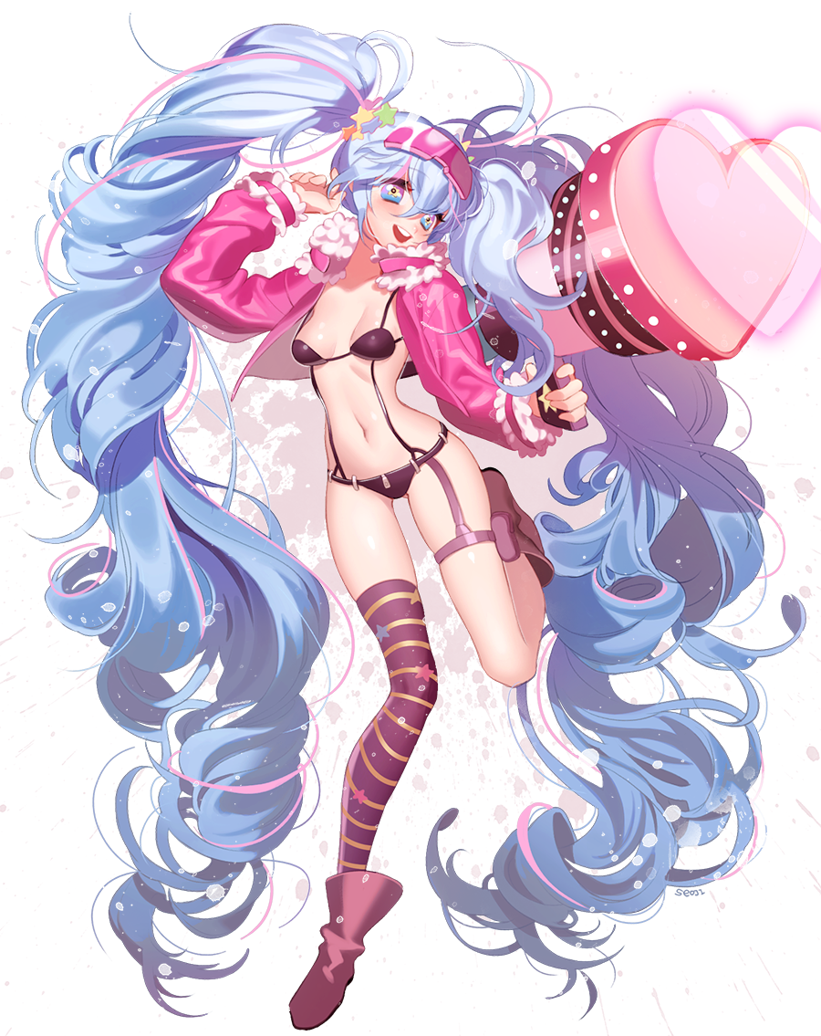 1girl alternate_costume aqua_eyes aqua_hair asymmetrical_legwear bikini female_focus full_body hatsune_miku image_sample jacket long_hair navel naver_sample open_clothes open_jacket seoji shooting_miku solo suspenders swimsuit twintails uneven_legwear very_long_hair vocaloid