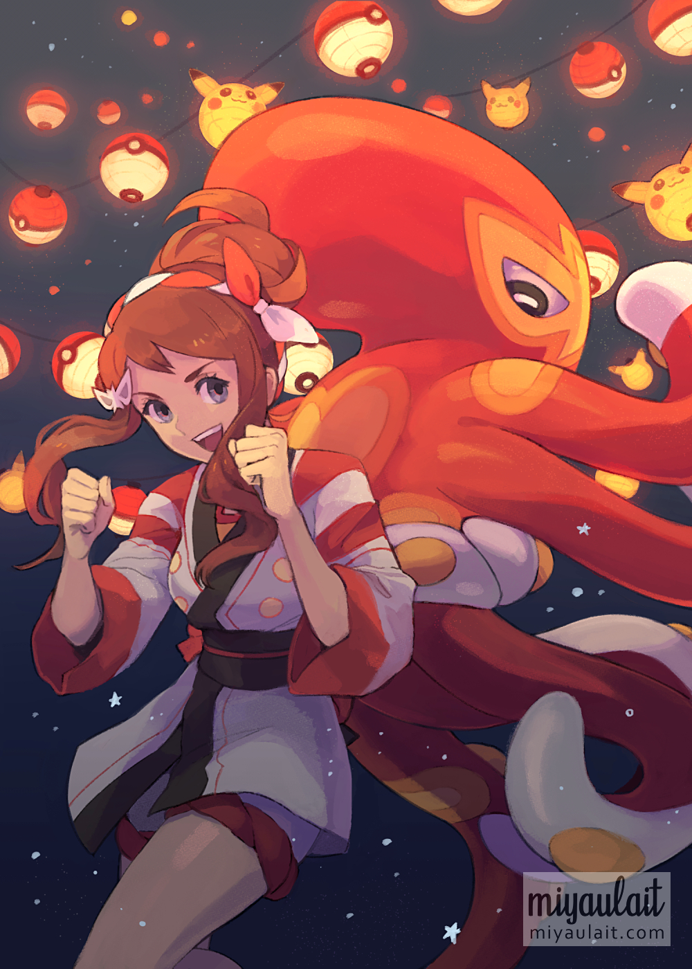 1girl :d alternate_color black_sash brown_hair buttons character_print clenched_hands gen_1_pokemon gen_8_pokemon grapploct hairband hands_up highres hilda_(pokemon) hilda_(summer_2022)_(pokemon) jacket miyaulait night nintendo official_alternate_costume open_mouth outdoors pikachu poke_ball_print pokemon pokemon_(creature) pokemon_masters_ex sash shiny_pokemon shorts sidelocks signature sky smile teeth tongue upper_teeth_only watermark web_address white_jacket white_shorts