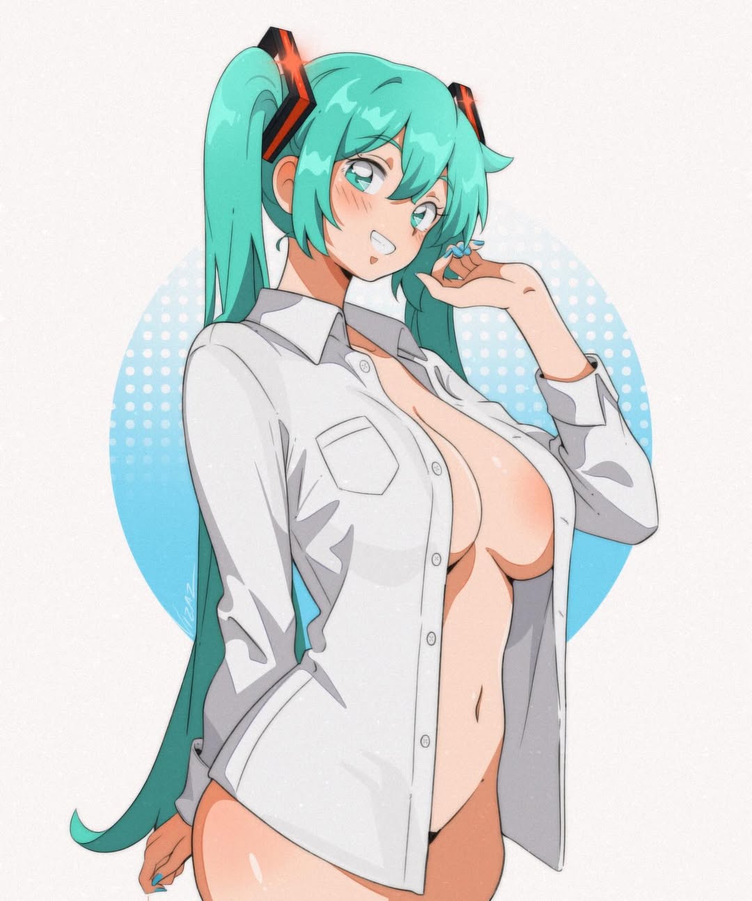 1girl alternate_breast_size aqua_eyes aqua_hair aqua_nails arm_behind_back blue_background blush breast_pocket breasts collared_shirt commentary cowboy_shot dress_shirt english_commentary grin hair_ornament hand_up hatsune_miku highres large_breasts long_hair long_sleeves naked_shirt navel open_clothes open_shirt pocket shirt smile solo standing twintails two-tone_background very_long_hair vizaz vocaloid white_background white_shirt