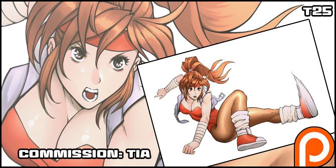 1girl breakers breasts brown_eyes brown_hair brown_pantyhose cleavage cowboy_shot female_focus fighting_stance from_behind headband jacket keunglee leotard lips looking_at_viewer pantyhose ponytail shoes simple_background sneakers solo tia_langray white_background wrist_wrap zoom_layer
