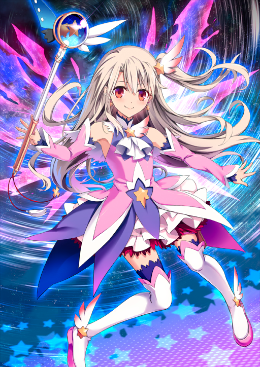 1girl ascot asymmetrical_dress bare_shoulders boots breasts brooch closed_mouth collared_dress detached_sleeves dress earrings fate/grand_order fate_(series) feather_hair_ornament feathers frilled_dress frills full_body hair_between_eyes hair_ornament halter_dress halterneck hiroyama_hiroshi holding holding_wand illyasviel_von_einzbern jewelry kaleidostick kaleidostick_(zwei_form) layered_dress layered_sleeves long_hair looking_at_viewer magical_girl multicolored_dress official_art one_side_up outstretched_arms pink_dress pink_sleeves prisma_illya prisma_illya_(zwei_form) purple_dress purple_sleeves purple_thighhighs red_eyes six_pointed_star sleeveless small_breasts smile solo star_(sky) star_(symbol) star_brooch star_earrings star_hair_ornament star_trail starry_sky_background thigh_boots thighhighs third-party_source turtleneck variant_set very_long_hair wand white_ascot white_boots white_dress white_hair winged_boots