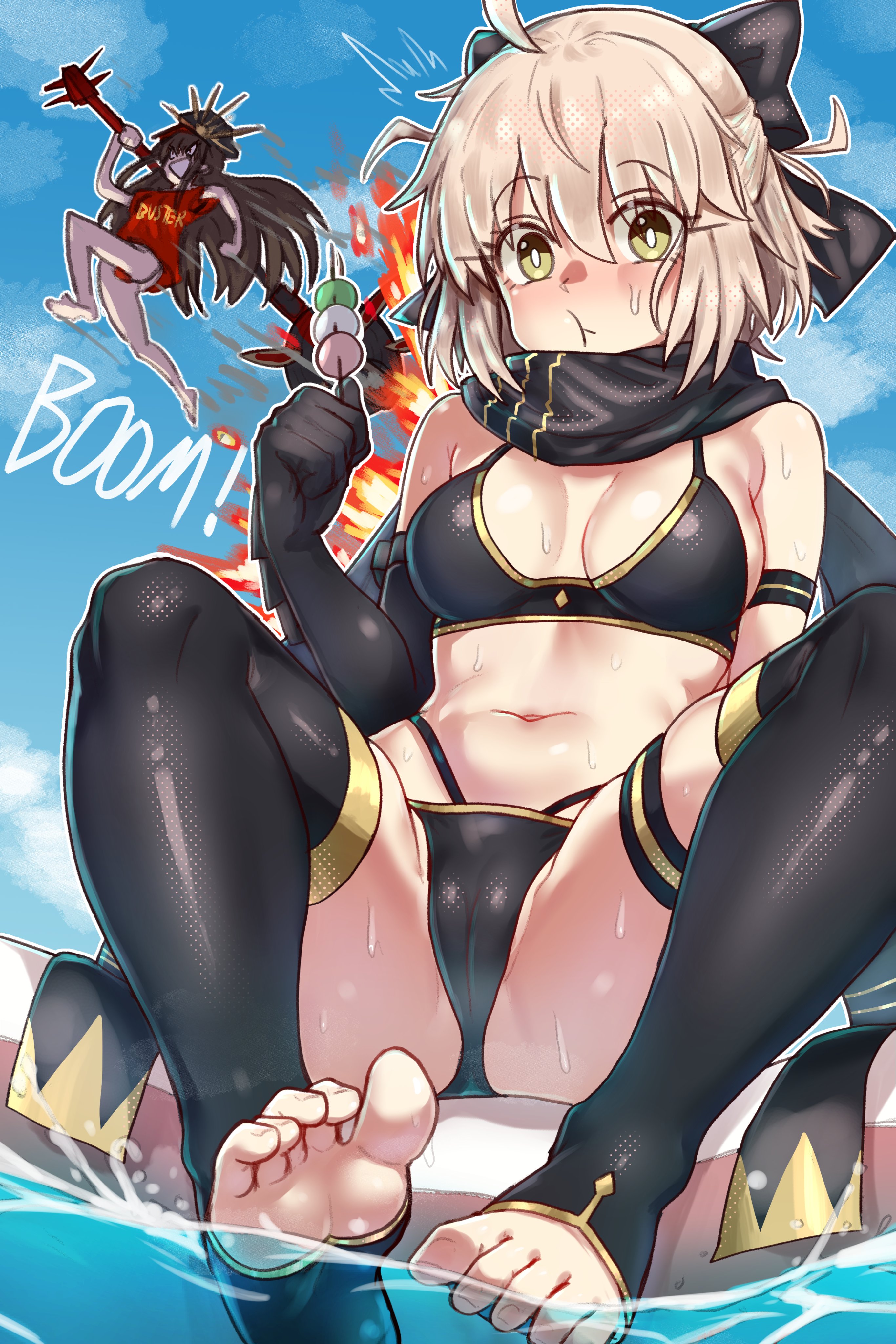 2girls absurdres ahoge bare_shoulders barefoot bikini black_bikini black_bow black_gloves black_hair black_scarf black_thighhighs blonde_hair blue_sky bow breasts buster_shirt cleavage dango eating ebora elbow_gloves fate/grand_order fate_(series) feet food foreshortening gloves gold_trim guitar hair_bow half_updo highleg highleg_bikini highres instrument long_hair looking_at_viewer medium_breasts multiple_girls oda_nobunaga_(fate) oda_nobunaga_(swimsuit_berserker)_(fate) oda_nobunaga_(swimsuit_berserker)_(first_ascension)_(fate) okita_j._souji_(fate) okita_j._souji_(first_ascension)_(fate) okita_souji_(fate) red_shirt scarf shirt short_hair single_glove sitting sky soles solo_focus stirrup_legwear swimsuit thigh_strap thighhighs toeless_legwear toes wagashi wristband yellow_eyes