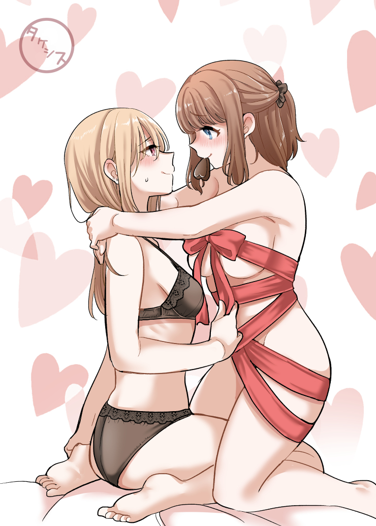 2girls bare_arms barefoot black_bra black_panties blonde_hair blue_eyes blush bra breasts brown_hair candy chocolate chocolate_heart closed_mouth commentary_request eye_contact food half_updo heart heart-shaped_food kneeling large_breasts looking_at_another medium_breasts mouth_hold multiple_girls naked_ribbon original panties pink_eyes ribbon smile sweatdrop takeshisu underwear valentine white_background yuri